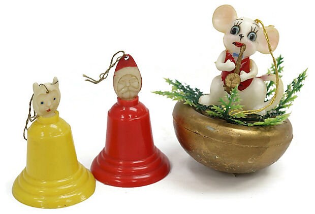 Midcentury Christmas Ornaments w/ Mouse, Set of 3