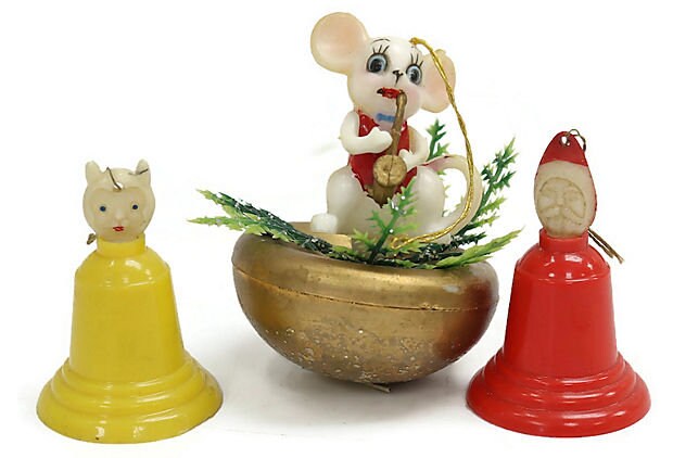 Midcentury Christmas Ornaments w/ Mouse, Set of 3