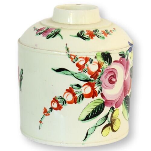 18th-Century English Hand-Painted Creamware Tea Caddy