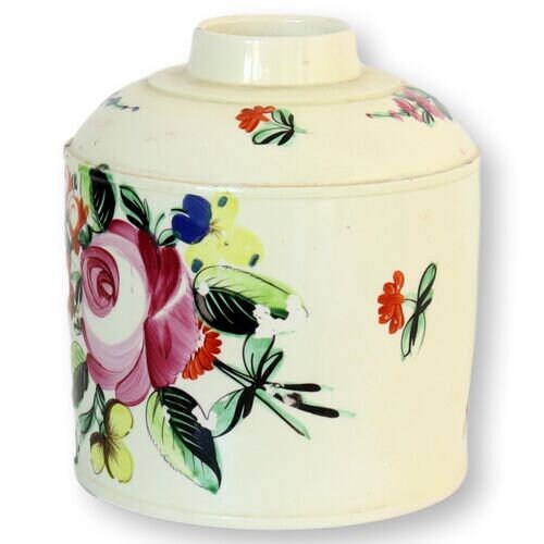 18th-Century English Hand-Painted Creamware Tea Caddy