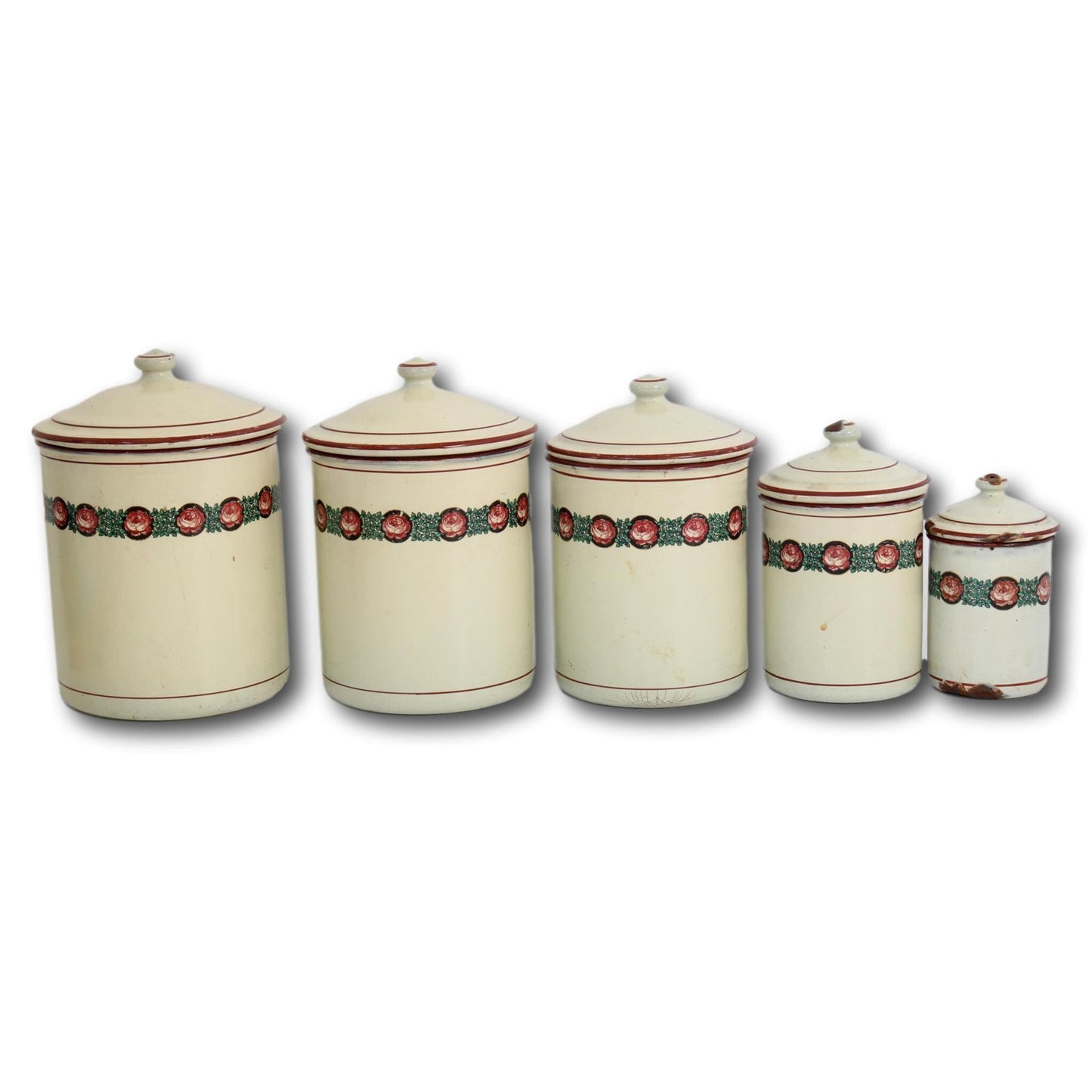 French Enamel Kitchen Canisters w/ Floral Garland