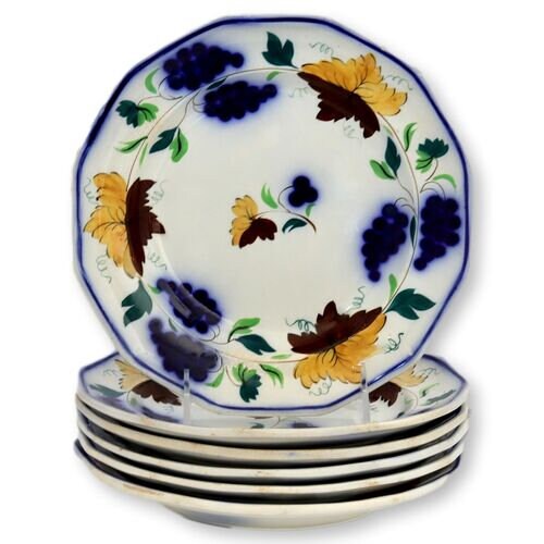 1850s Gaudy Welsh Grape Vine Plates, S/6