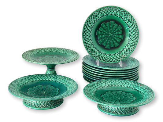 1860s Mintons Green Majolica Christopher Dresser Dessert Set, S/13