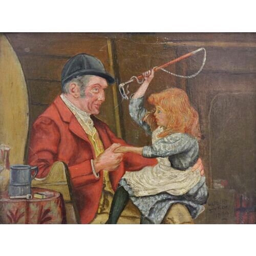 1899 Oil of Man & Girl After The Hunt