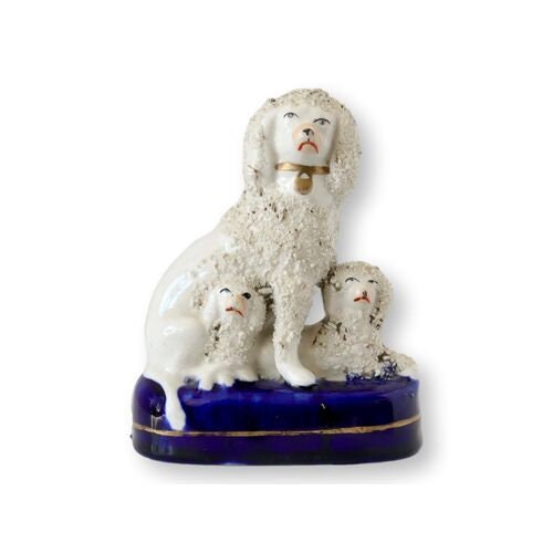 Antique English Staffordshire Rough Coat Poodle w/ Her Pups