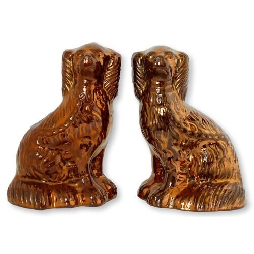 Antique English Copper Lustre 7.5" Staffordshire King Charles Spaniel Dogs