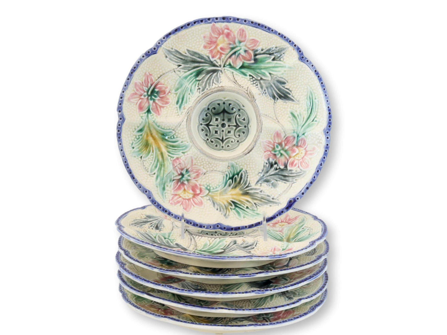 Rare C. 1890 French Barbotine Majolica Oyster Plates, Set of Six