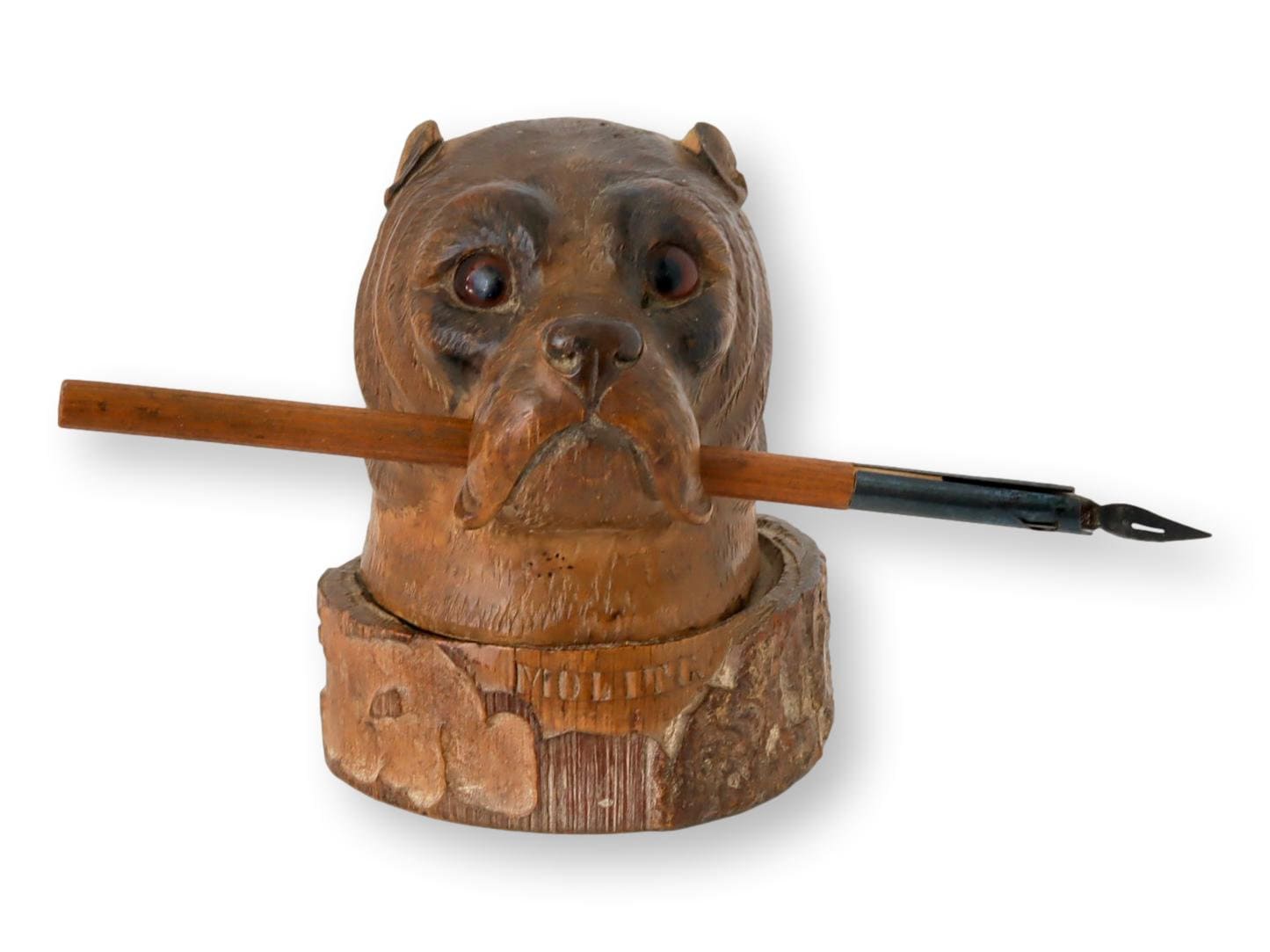 Antique French Carved Pug Inkwell & Pen