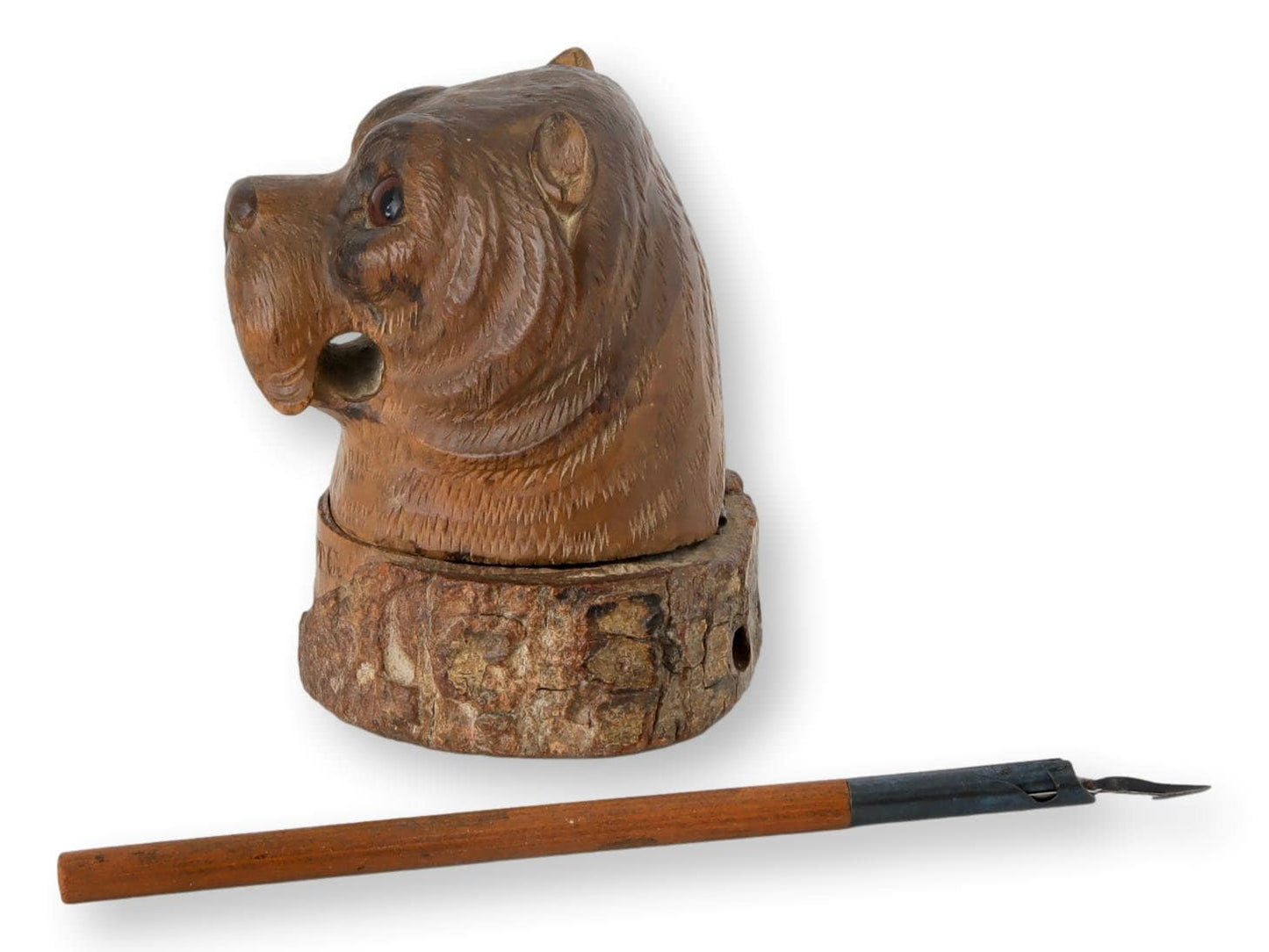 Antique French Carved Pug Inkwell & Pen