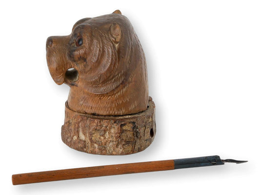 Antique French Carved Pug Inkwell & Pen