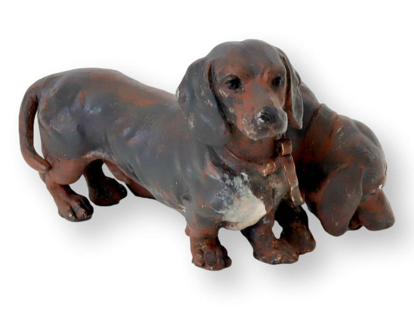 Heavy Antique Austrian Painted Metal Dachshunds