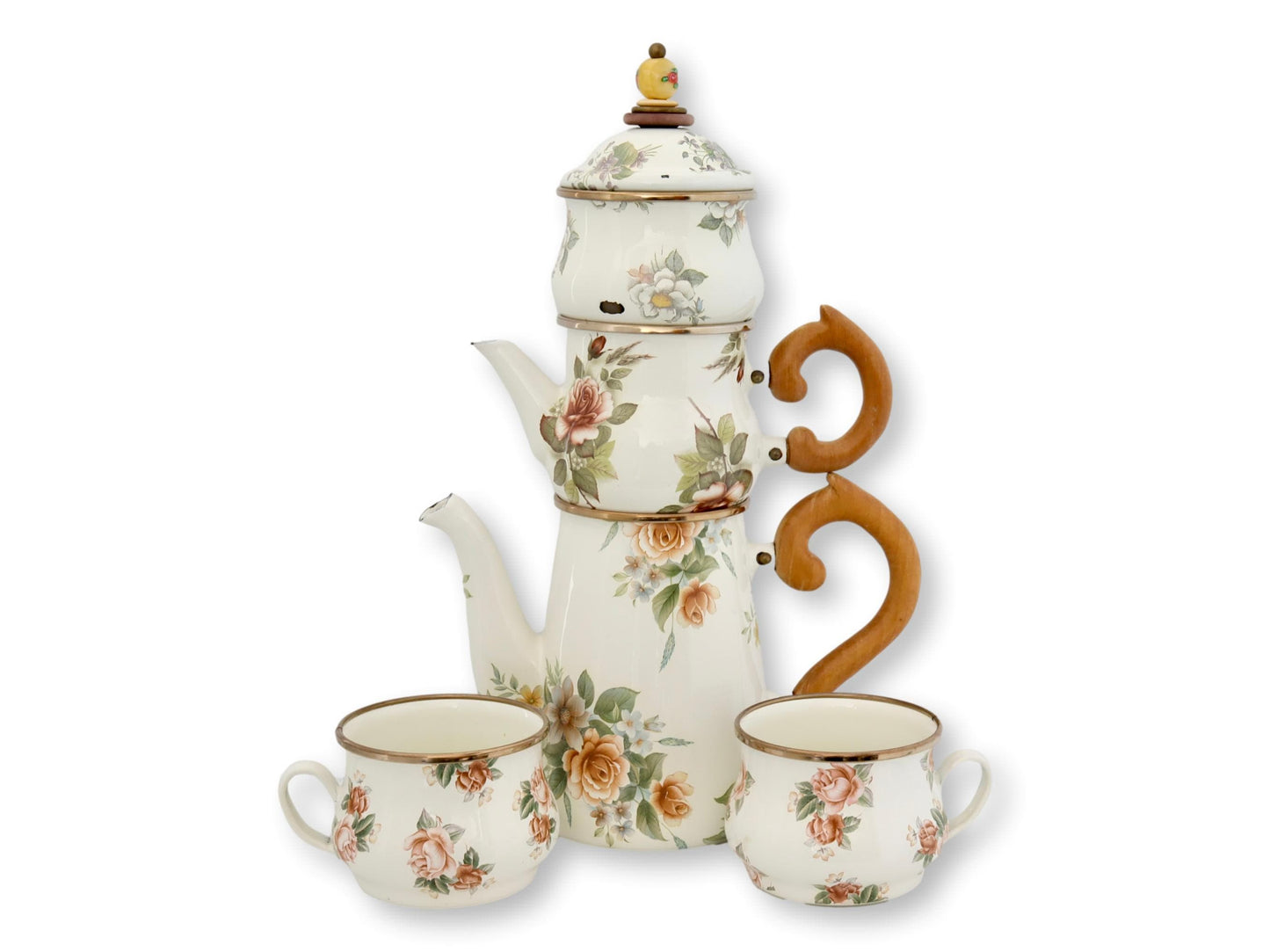 1980s Mackenzie Childs Enamel Camp Set | Stacking Tea Set