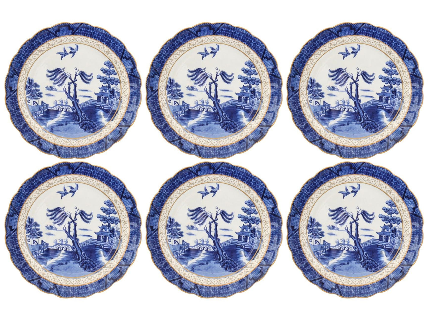 English Booth's "Real Old Willow" Large Gilded Edge 10.15" Dinner Plates, Set of 6