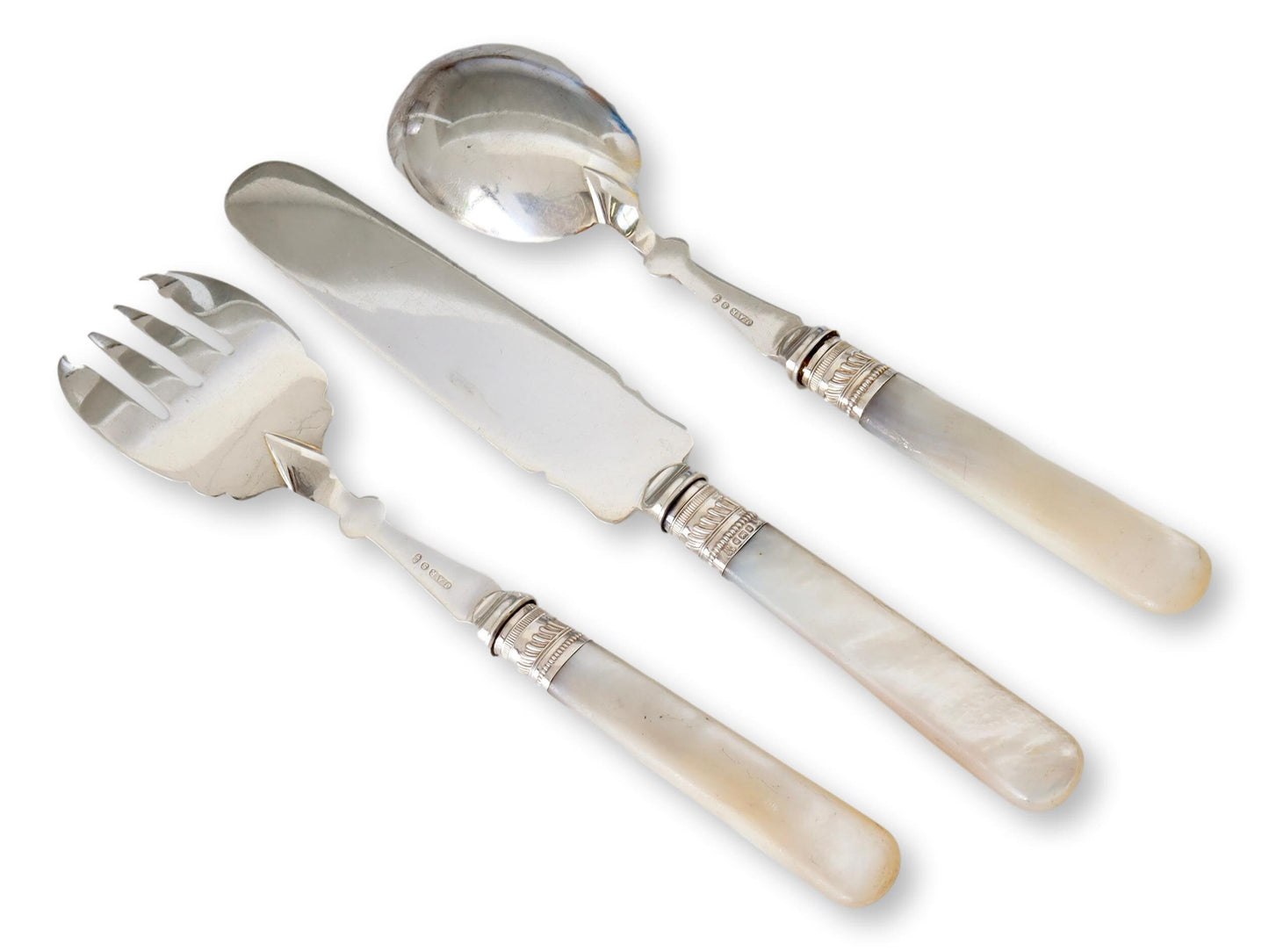 Antique English Pearl Handle Serving Set w/ Sterling Collars