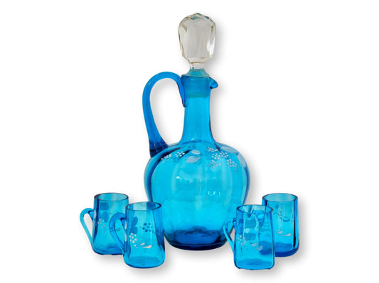 French Bohemian Glass Liqueur Set w/ Butterflies, 5 pcs