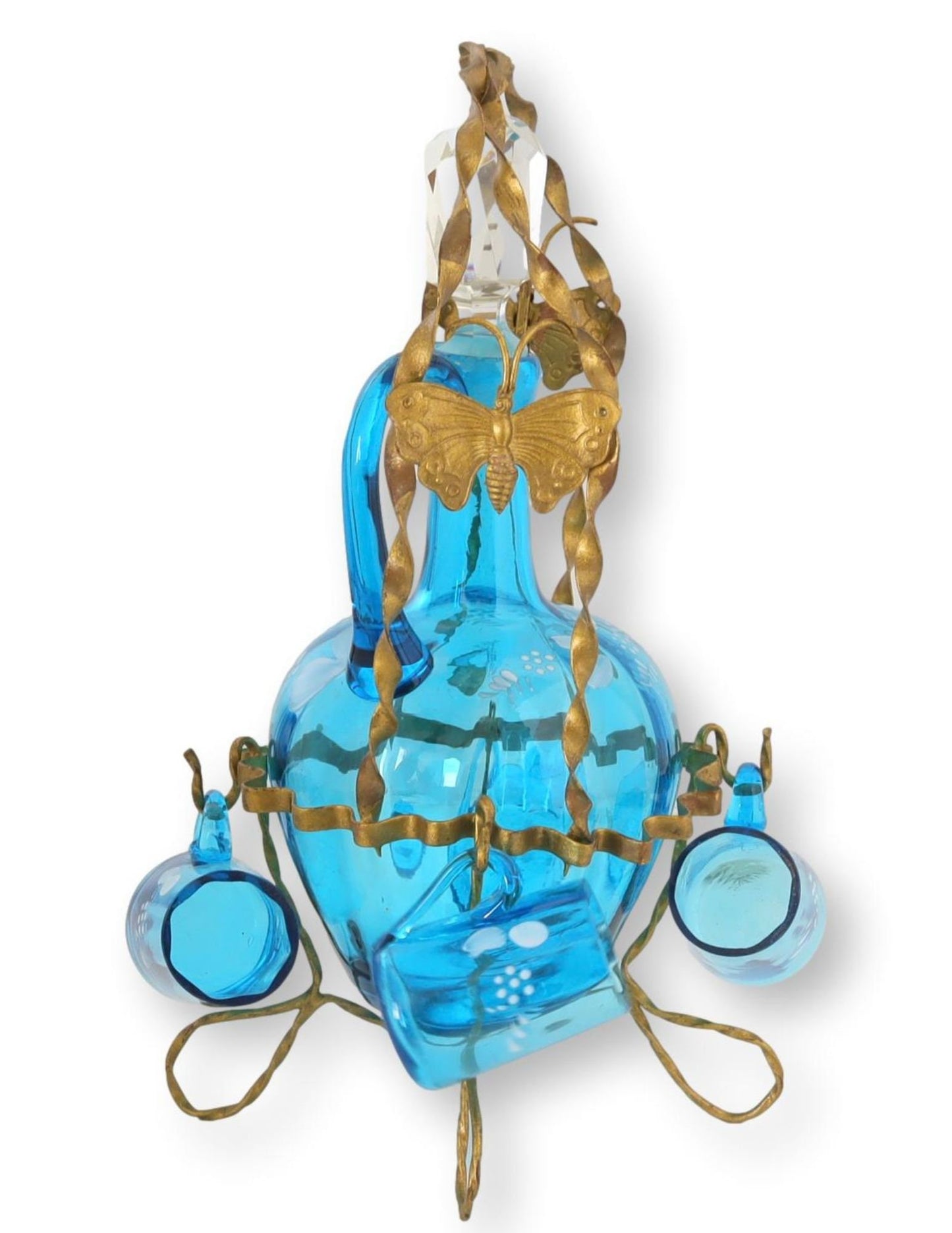 French Bohemian Glass Liqueur Set w/ Butterflies, 5 pcs