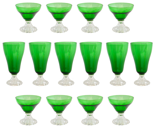 Midcentury Anchor Hocking Holiday Green Stems / Glasses, Set of 14