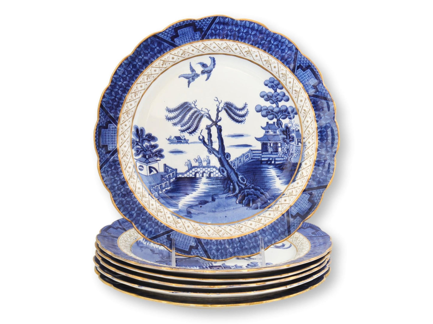 English Booth's "Real Old Willow" Large Gilded Edge 10.15" Dinner Plates, Set of 6