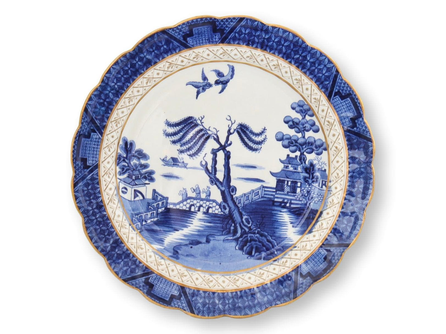 English Booth's "Real Old Willow" Large Gilded Edge 10.15" Dinner Plates, Set of 6