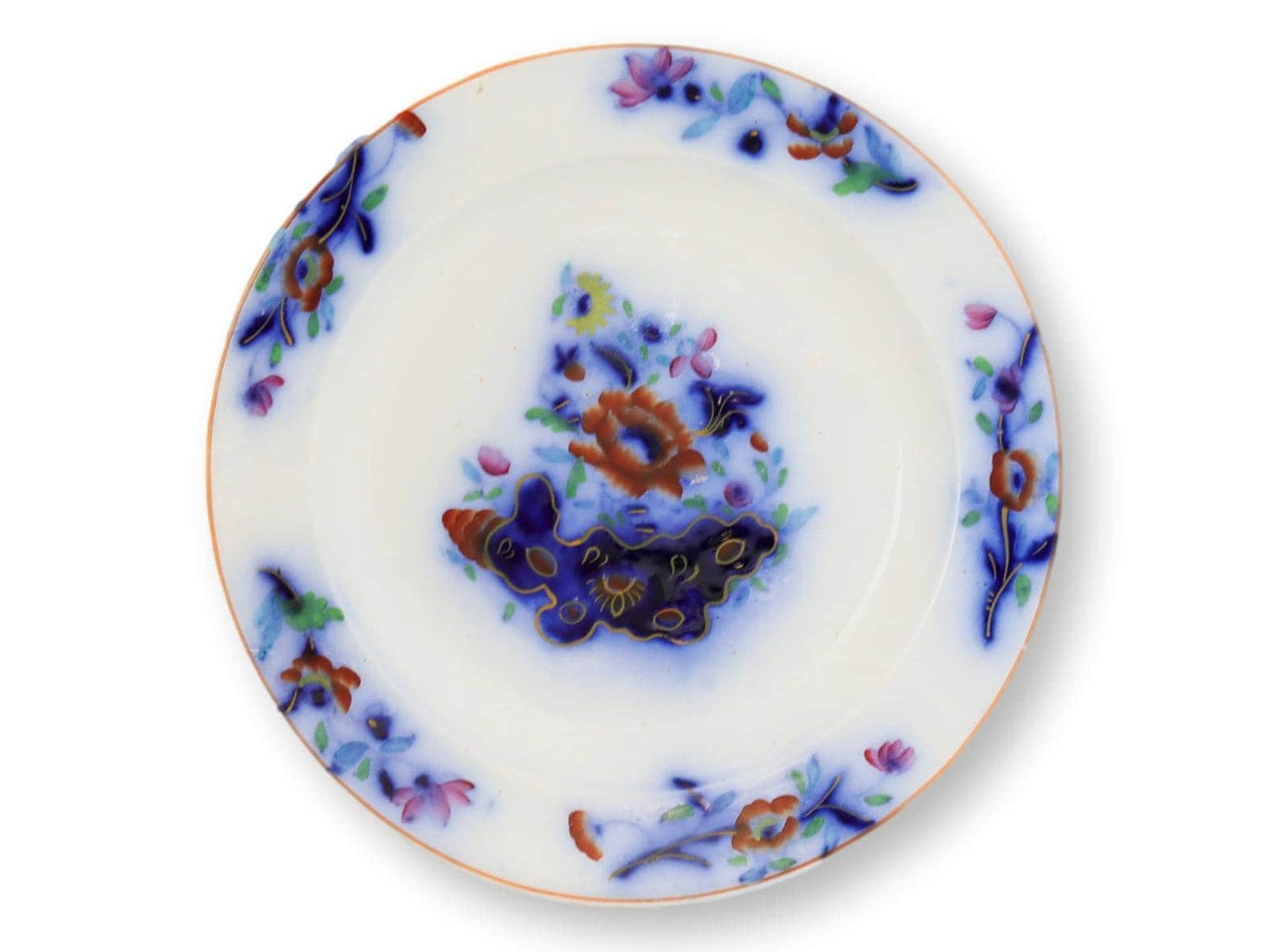1850s Antique English Davenport Polychrome Flow Blue 7.25" Plates, Set of 10