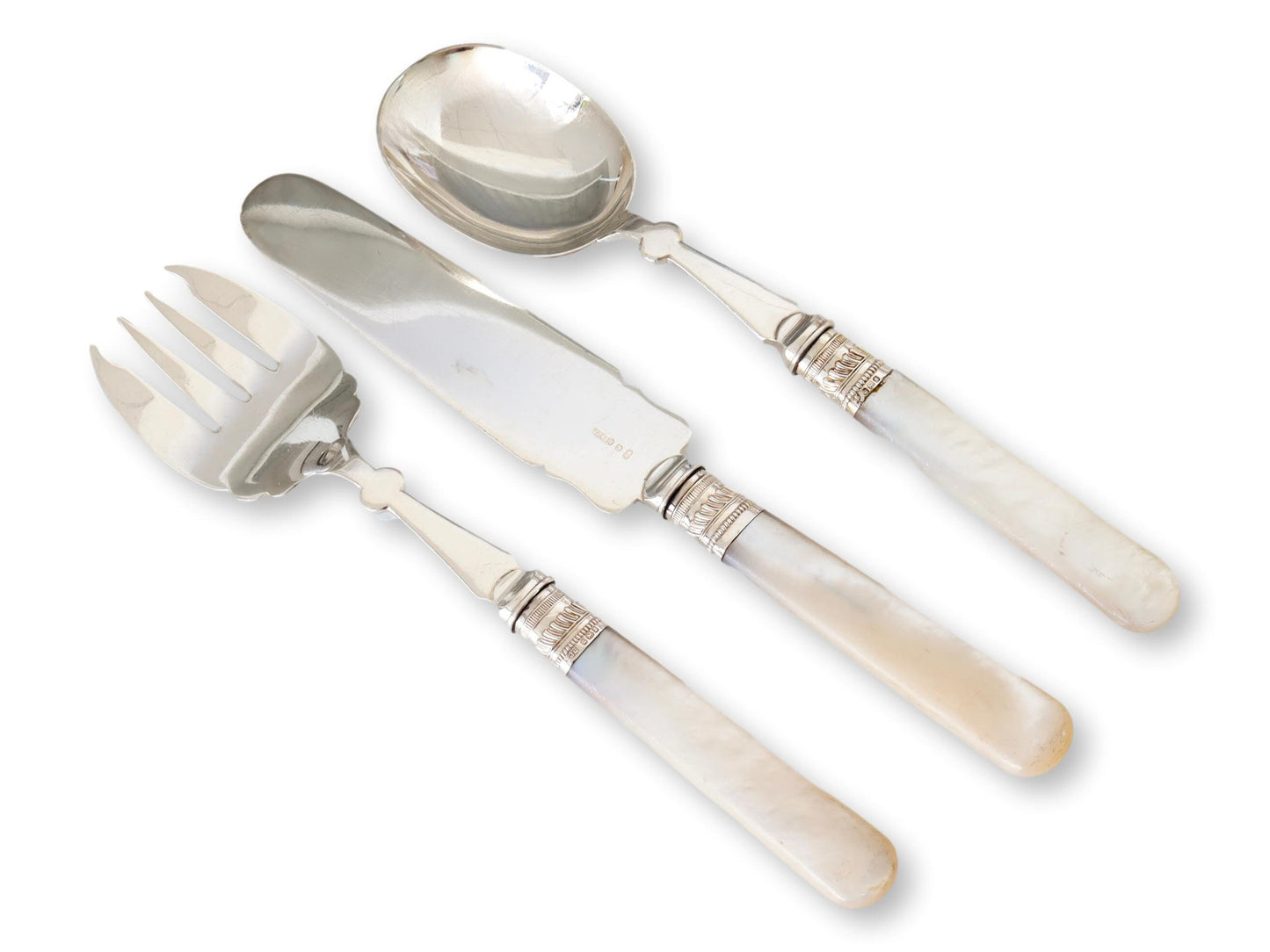 Antique English Pearl Handle Serving Set w/ Sterling Collars