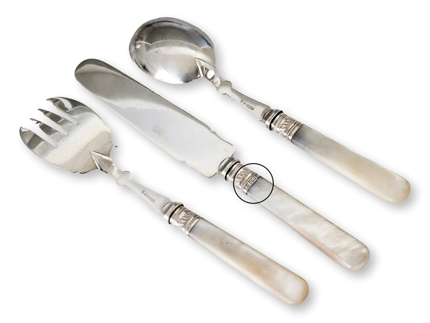 Antique English Pearl Handle Serving Set w/ Sterling Collars