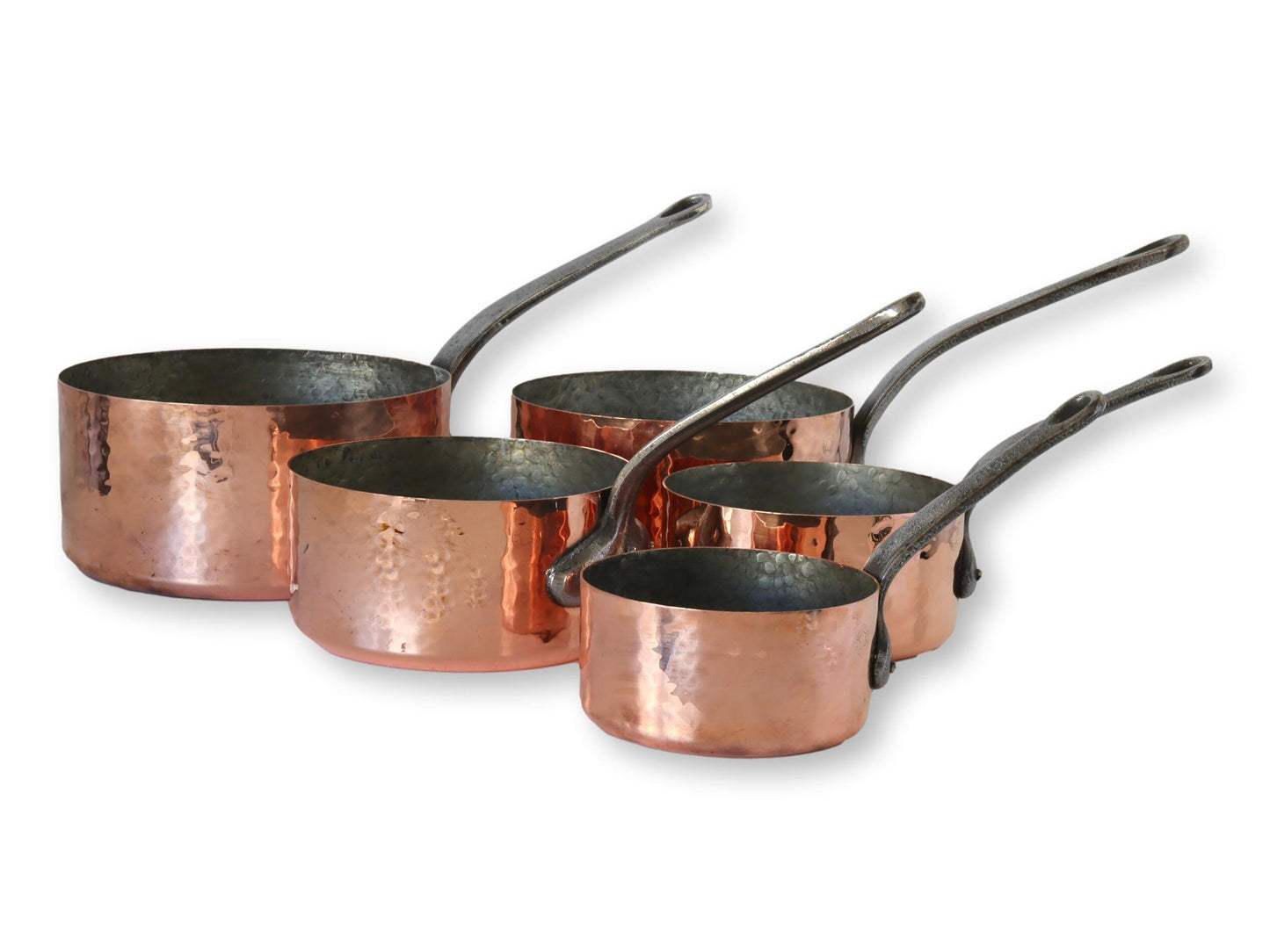 French Hammered Copper Sauce Pans, S/5