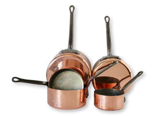 French Hammered Copper Sauce Pans, S/5