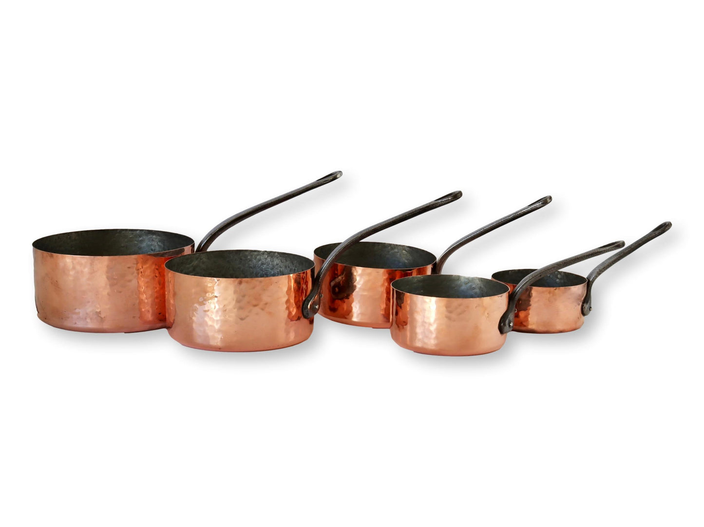 French Hammered Copper Sauce Pans, S/5