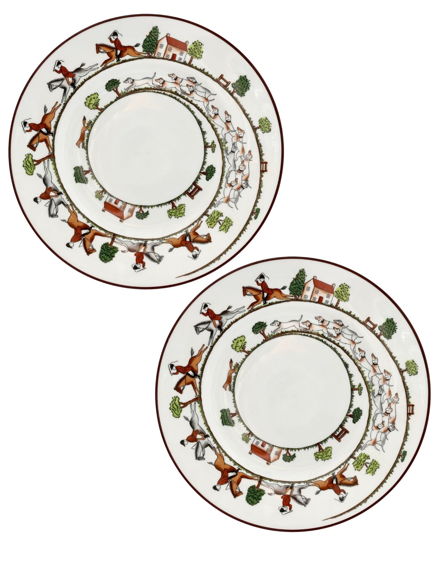 Crown Staffordshire Hunting Scene 8.25" Plates, Pair
