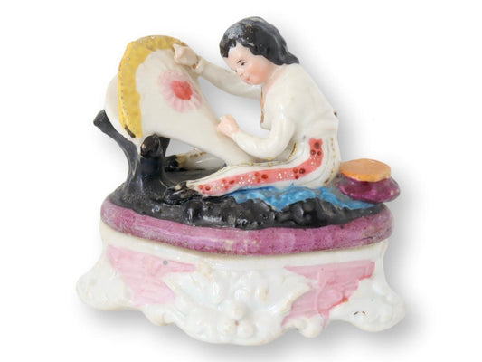 Antique Fairing Trinket Box, Boy Embroidering