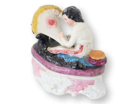 Antique Fairing Trinket Box, Boy Embroidering