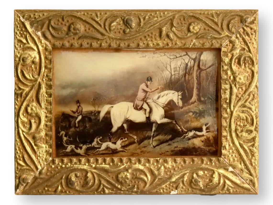 Antique Miniature Horse & Hounds Print on Glass