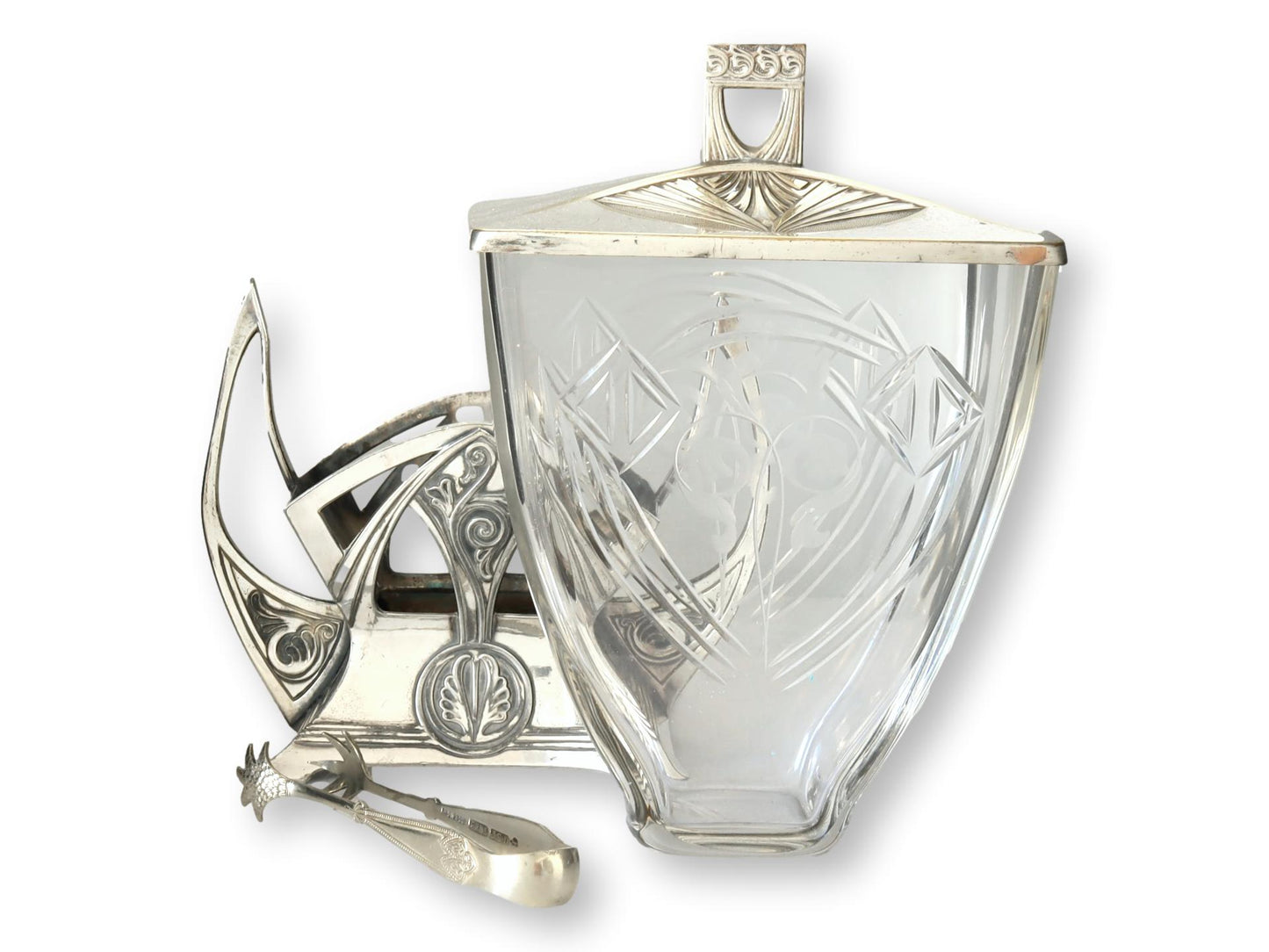 1920s Art Deco English Silver-Plate Ice Bucket w/Tongs