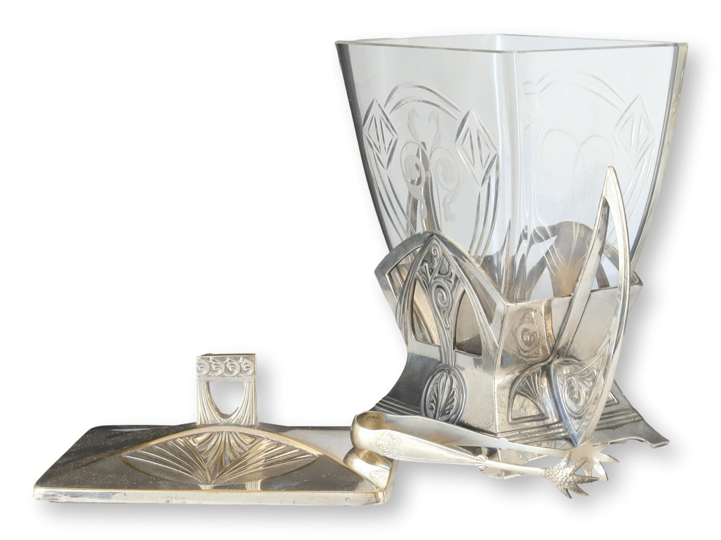 1920s Art Deco English Silver-Plate Ice Bucket w/Tongs