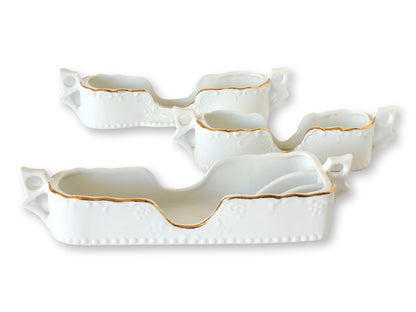 White Porcelain Gold-Trim Utensil Caddies — Set of Three