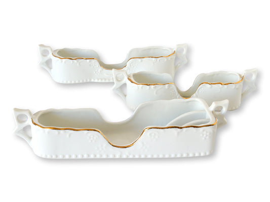 White Porcelain Gold-Trim Utensil Caddies — Set of Three