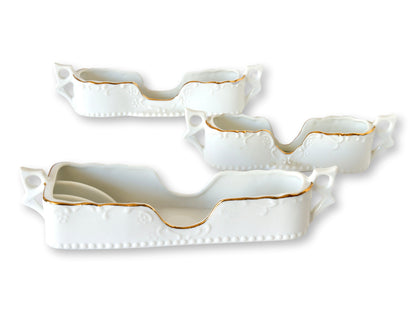 White Porcelain Gold-Trim Utensil Caddies — Set of Three
