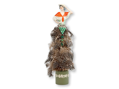 Antique Cabaret Woman Jeweled Feather Skirt Bottle Brush Tree