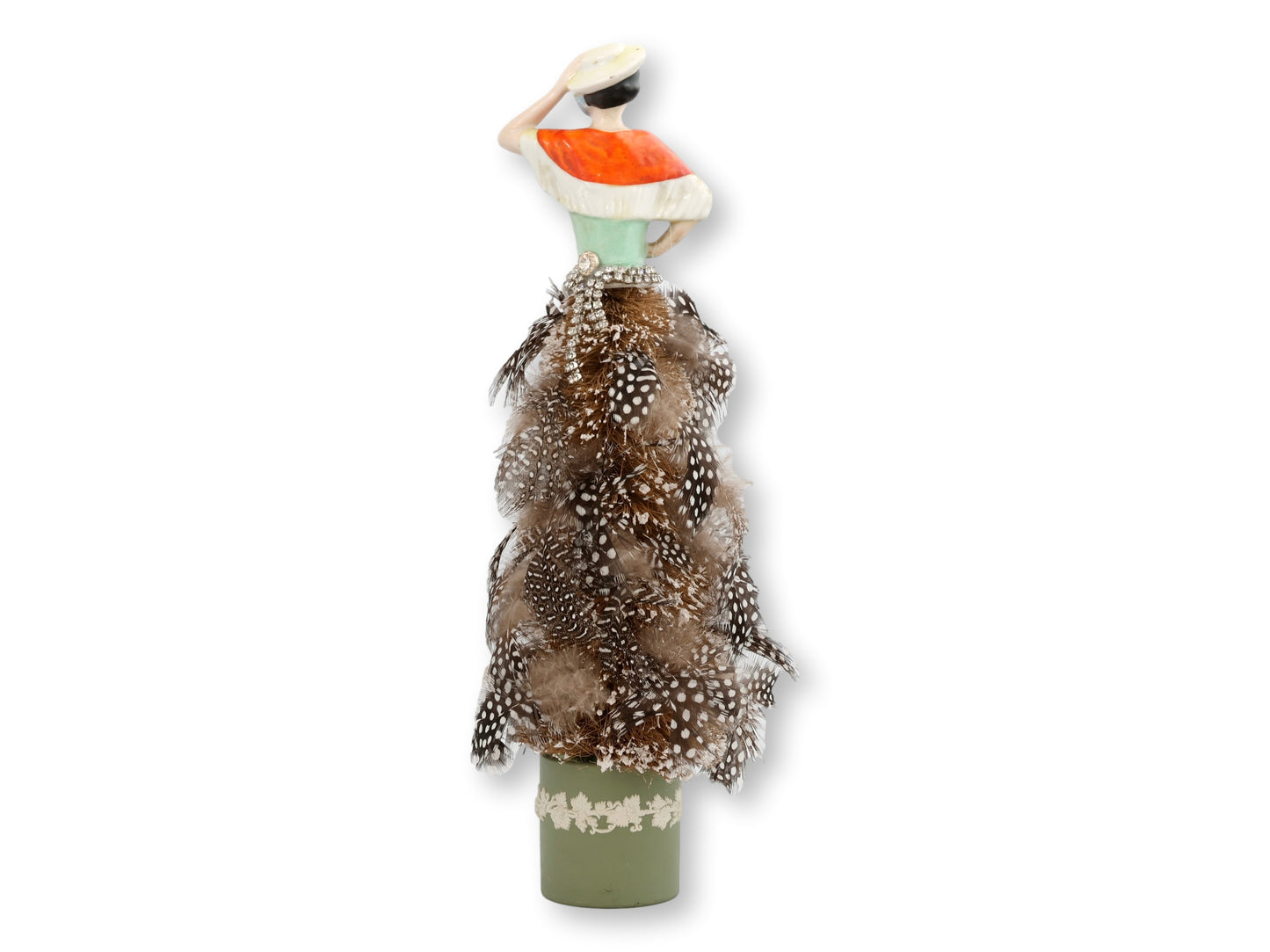 Antique Cabaret Woman Jeweled Feather Skirt Bottle Brush Tree