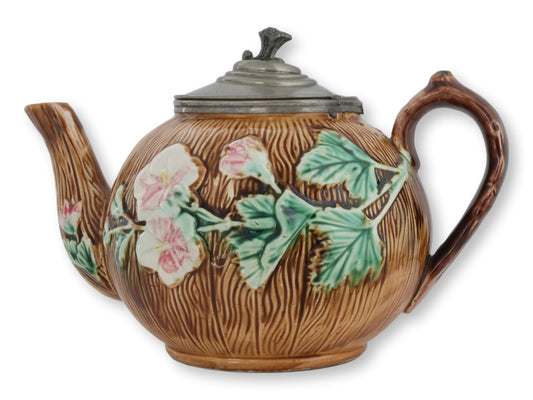 C. 1880 English Floral Majolica Tea Pot