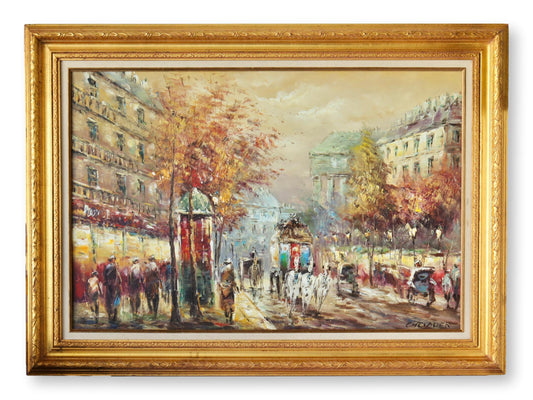 Early 1900s Roberte Chevalier Large City of Paris Oil Painting