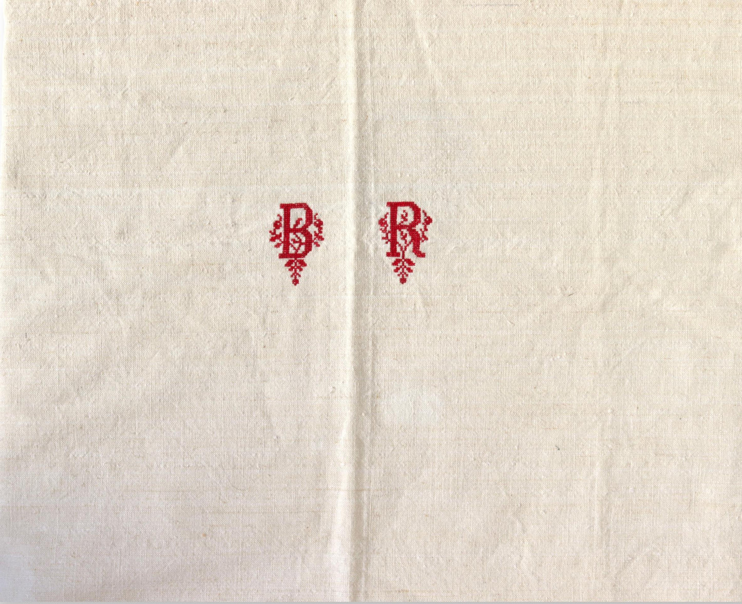 Antique French "B R" Monogrammed Linen Tablecloth - 69" x 41.5"