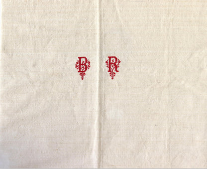 Antique French "B R" Monogrammed Linen Tablecloth - 69" x 41.5"