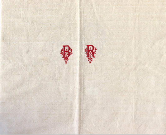 Antique French "B R" Monogrammed Linen Tablecloth - 69" x 41.5"