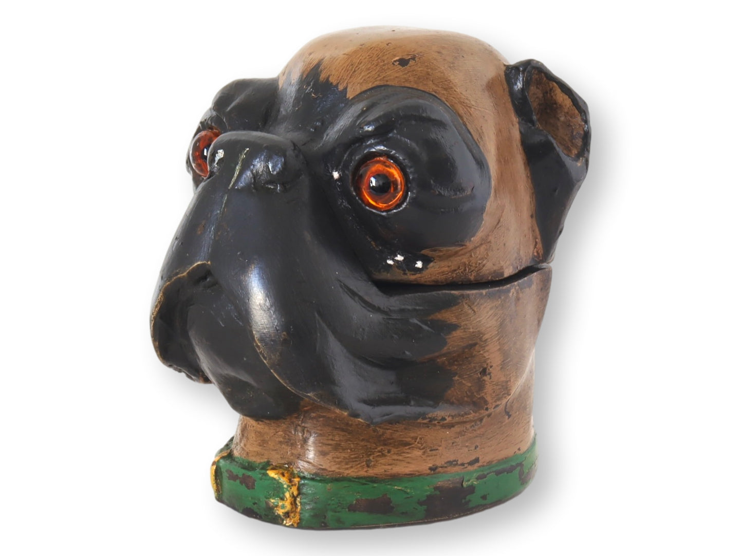 Antique Cold Painted Metal Pug Inkwell, Glass Eyes