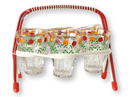 Vintage Floral Juice Glass Set with Caddy