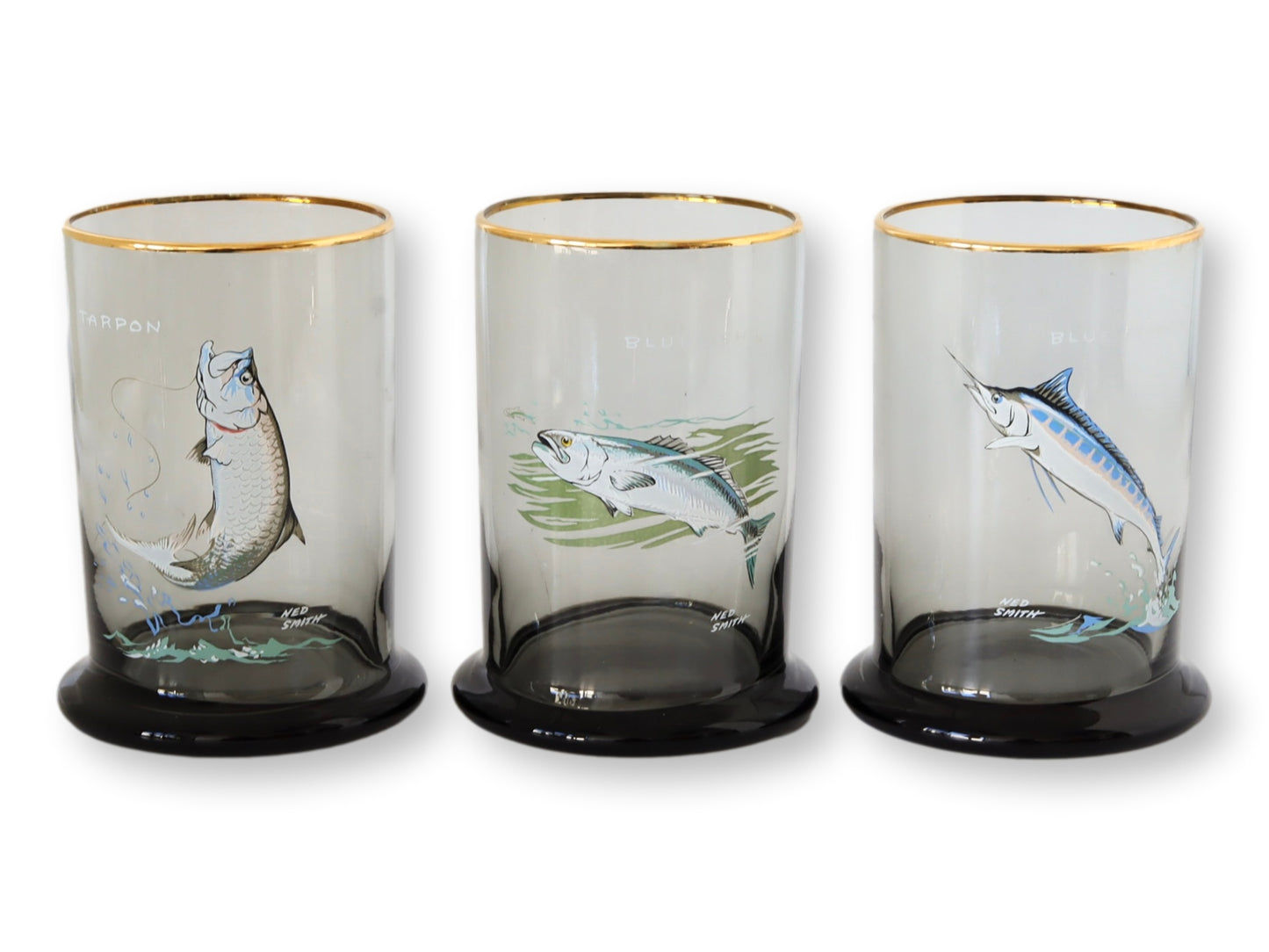 Vintage Ned Smith Tumblers w/Fish, S/6