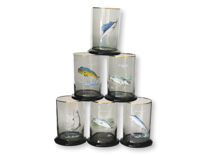 Vintage Ned Smith Tumblers w/Fish, S/6