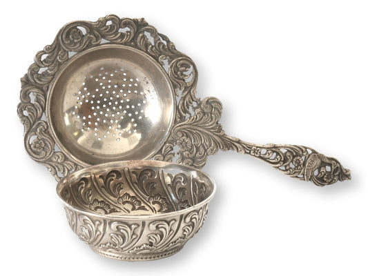 Dutch Silver-Plate Tea Strainer w/Cup